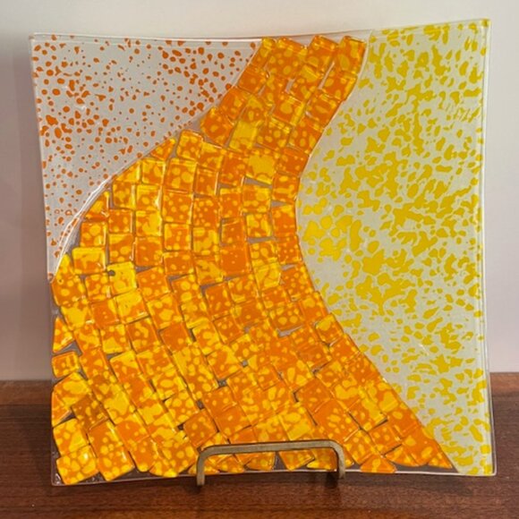 Orange and Yellow Fused Glass Square Plate Serving Dish 8 3/4" - Picture 3 of 5